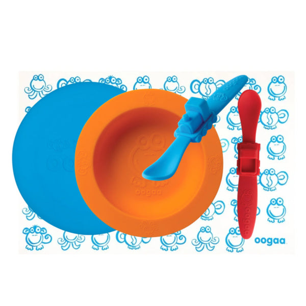 Combo Set Orange/Blue Bowl+Lid, Placemat, 2 spoons